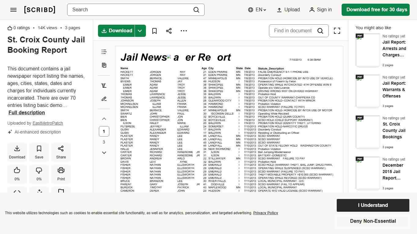 St. Croix County Jail Booking Report PDF Probation Driving Under The Influence